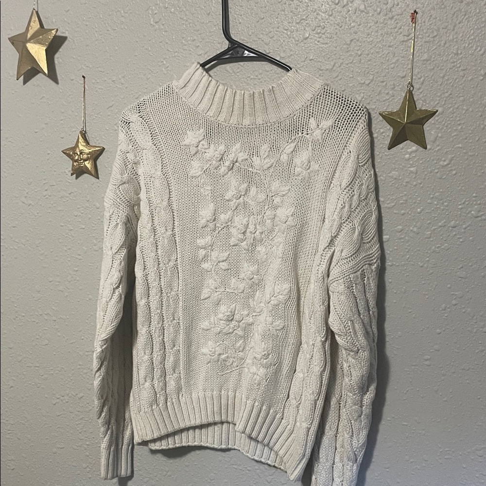 White Floral Cable Knit Sweater